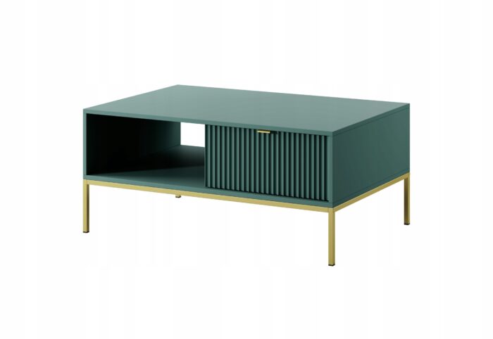 Ława BELLAZA 104 cm zielona  z szufladami, złote metalowe nogi i uchwyty