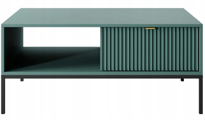 Ława BELLAZA 104 cm zielona  z szufladami, czarne metalowe nogi i złote uchwyty