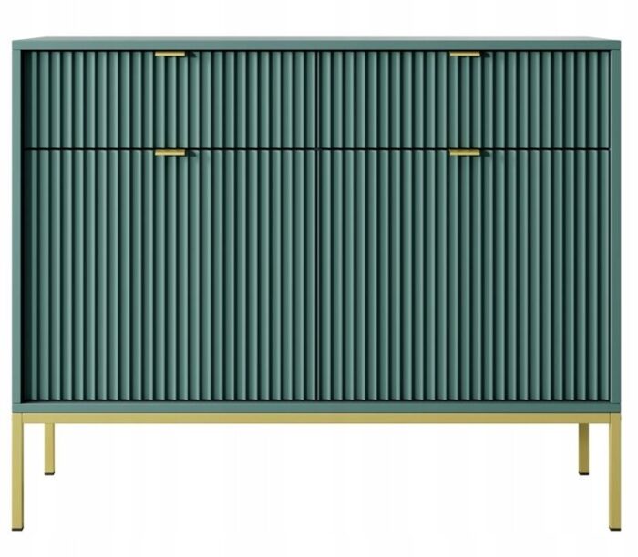 Komoda BELLAZA 104 cm zielona z szufladami i drzwiami, złote uchwyty i metalowe nogi