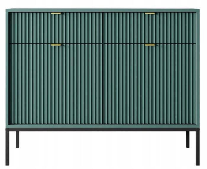Komoda BELLAZA 104 cm zielona z szufladami i drzwiami, złote uchwyty i czarne metalowe nogi