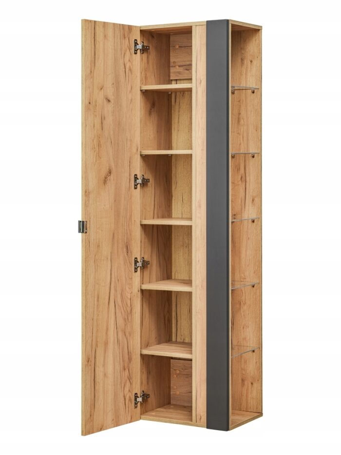 Słupek łazienkowy z lustrem CAPRI 45x170 cm dąb craft grafit wiszący regał szklane półki drzwi