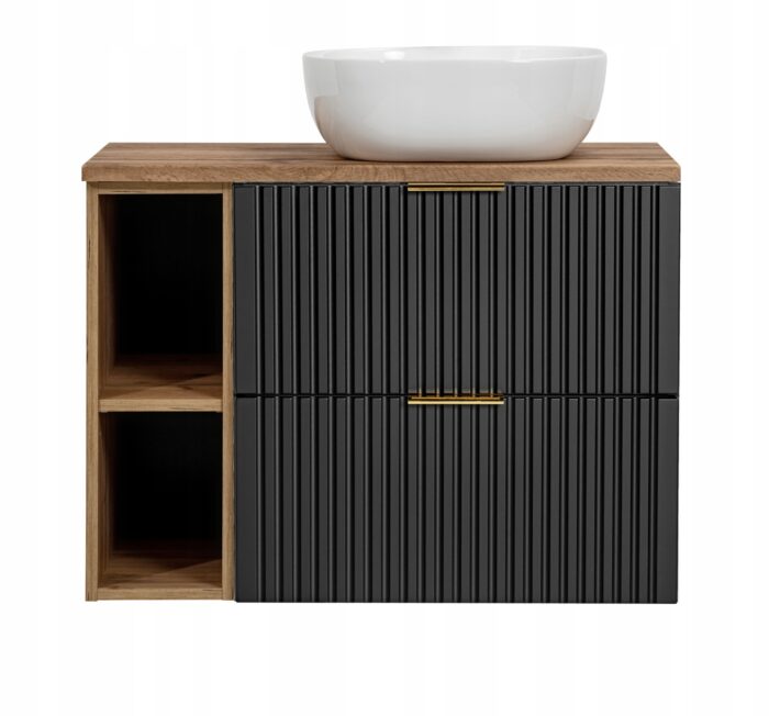 ADEL 80 cm czarna szafka łazienkowa z umywalką blat regał dąb wotan 2 szuflady ryflowany front