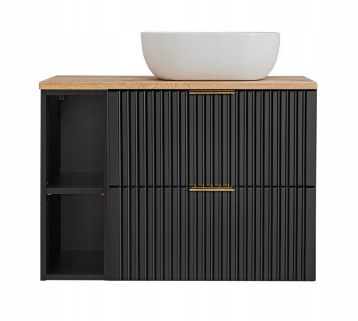 ADEL 80 cm czarna szafka łazienkowa z umywalką blat dąb wotan regał 2 szuflady ryflowany front