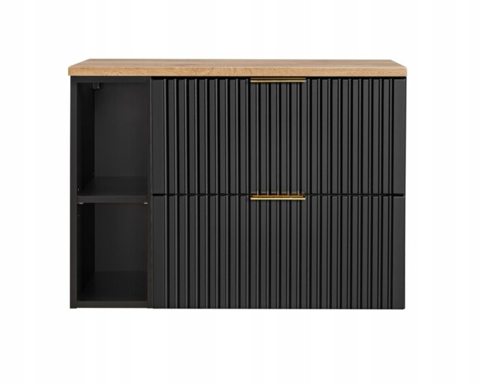 ADEL 80 cm czarna szafka łazienkowa blat dąb wotan regał 2 szuflady ryflowane fronty