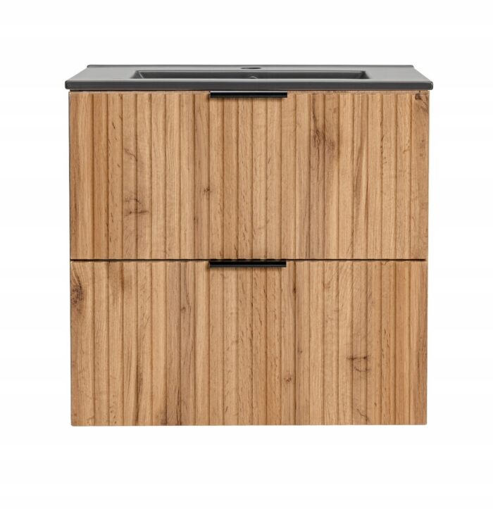 ADEL 60 cm dąb wotan szafka łazienkowa umywalka wpuszczana czarna 2 szuflady ryflowane fronty