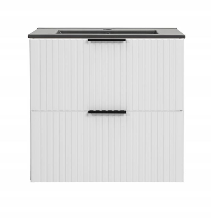 ADEL 60 cm biała szafka łazienkowa umywalka wpuszczana czarna 2 szuflady ryflowane fronty