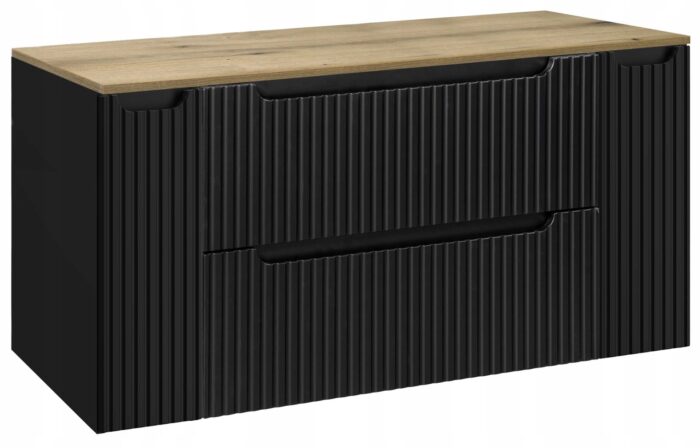 Szafka łazienkowa NOVA czarny 120 cm blat dąb ryflowane fronty 2 drzwi 2 szuflady szeroka