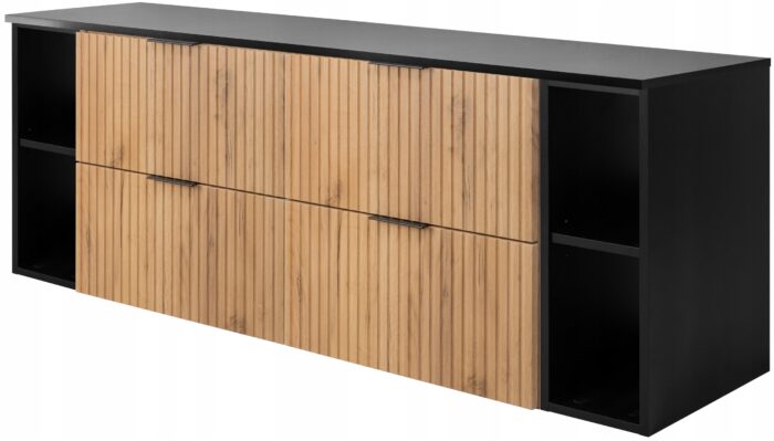 Zestaw łazienkowy FLOW 160 cm czarna szafka z blatem szuflady regały dębowe ryflowane fronty