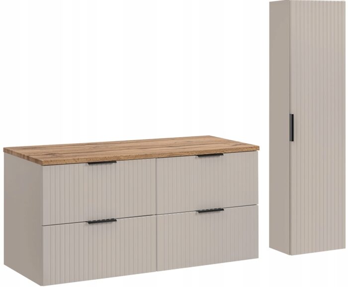 ADEL zestaw mebli łazienkowych kaszmir Szafka blat dąb wotan 120 cm + Słupek 140 cm ryflowane fronty