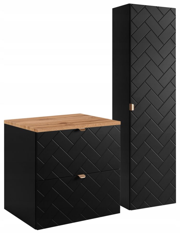 Zestaw mebli łazienkowych MADIS czarna szafka pod umywalkę blat dąb 60 cm słupek 35/136 cm