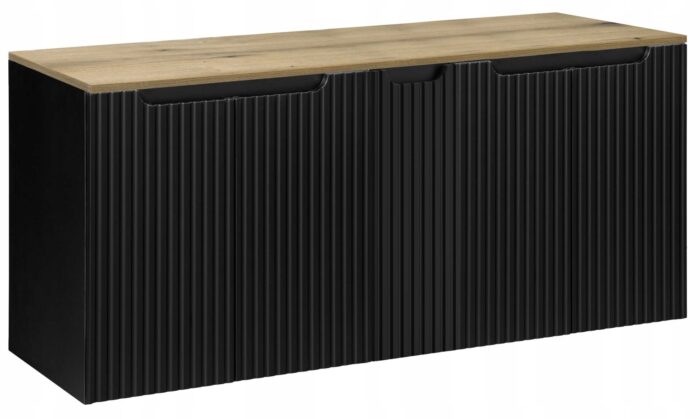 Szafka łazienkowa NOVA czarny 140 cm blat dąb ryflowane fronty 5 drzwi szeroka