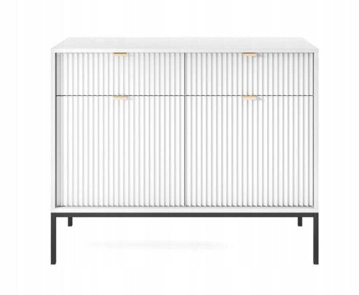 Komoda BELLAZA 104 cm biała z szufladami i drzwiami, czarna uchwyty i metalowe nogi