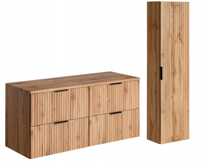 ADEL zestaw mebli łazienkowych dąb wotan Szafka blat 120 cm + Słupek 140 cm ryflowane fronty