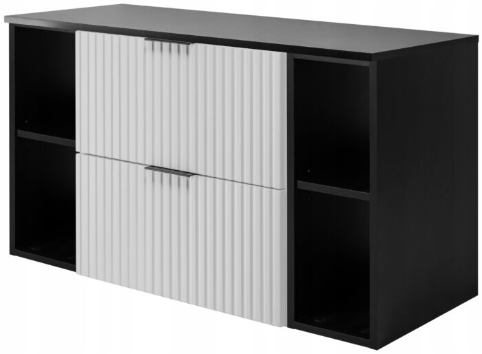 Zestaw łazienkowy FLOW 100 cm czarny szafka z blatem szuflady regały białe ryflowane fronty