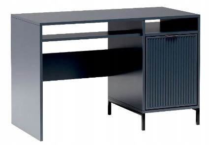 Biurko LINK 120 cm granat indygo ryflowane fronty wysuwana półka drzwi metalowe nogi
