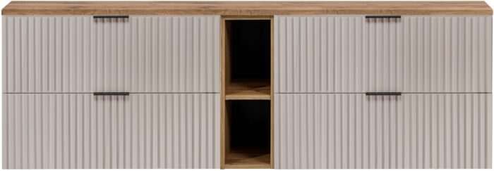 Szafka pod umywalkę FLOW 180 cm kaszmir dąb wisząca blat regał szuflady ryflowane fronty