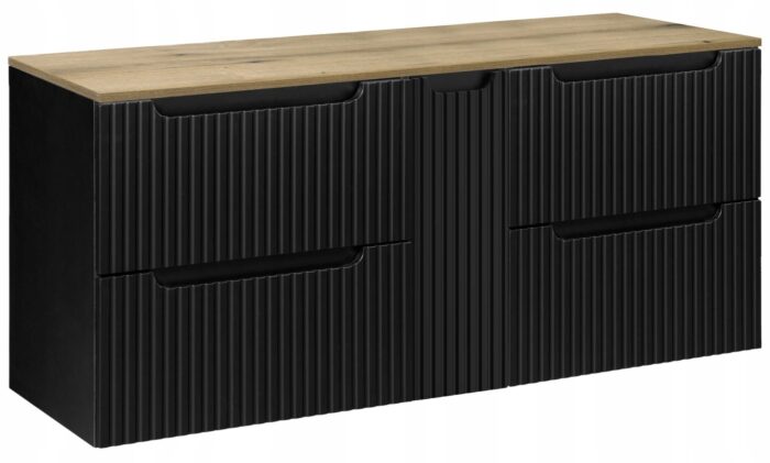 Szafka łazienkowa NOVA czarny 140 cm blat dąb ryflowane fronty 1 drzwi 4 szuflady