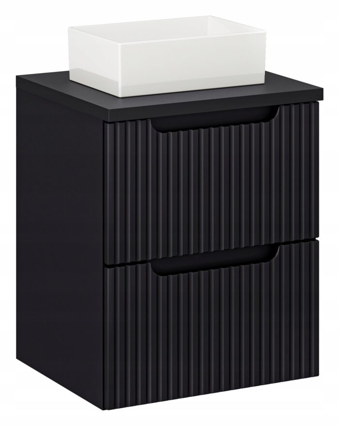 NOVA 50 cm czarna szafka łazienkowa z blatem i umywalką szuflady ryflowane fronty