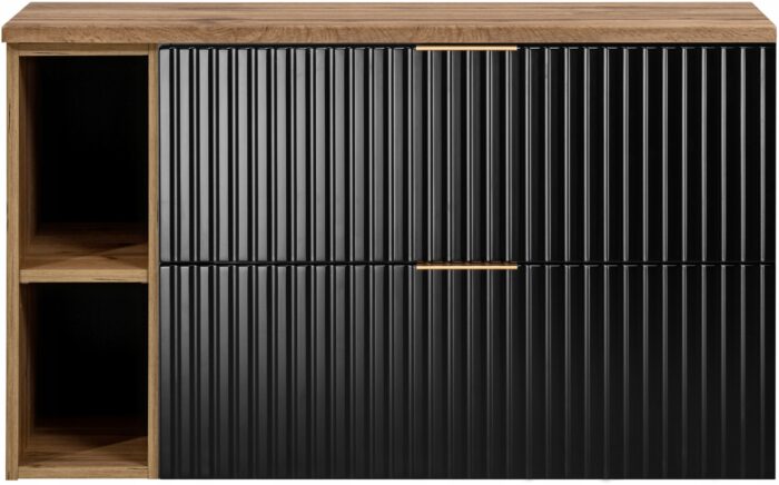 Szafka pod umywalkę FLOW 100 cm czarna dąb wisząca blat regał szuflady ryflowane fronty