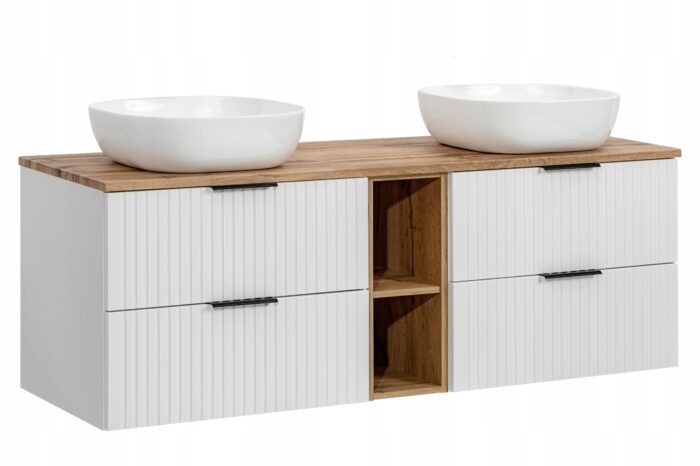 ADEL 180 cm biała szafka łazienkowa 2 umywalki regał dąb wotan 4 szuflady ryflowany front