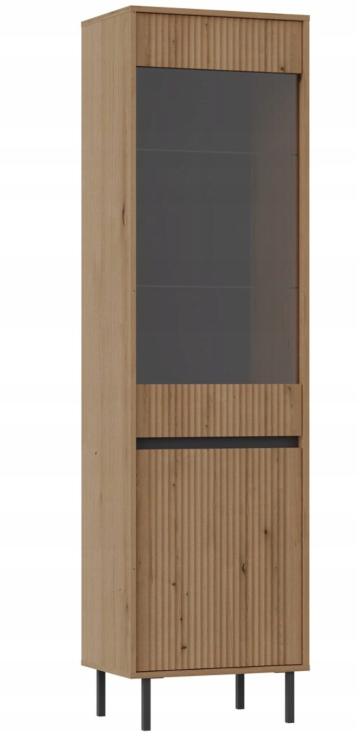 Witryna OSAKA 205 cm dąb evoke wysoka z drzwiami i szkłem metalowe nogi