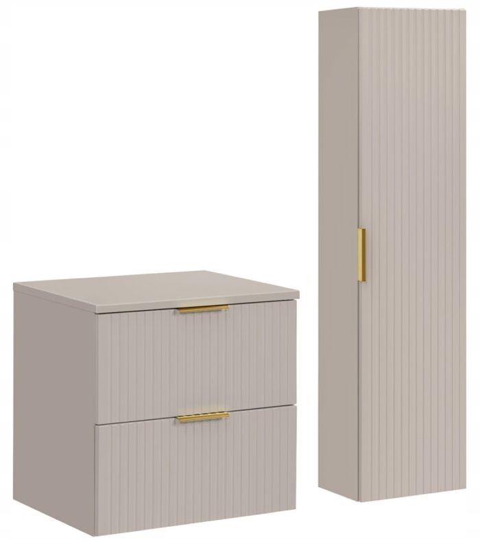 ADEL zestaw mebli łazienkowych dąb wotan Szafka blat 60 cm + Słupek 140 cm ryflowane fronty