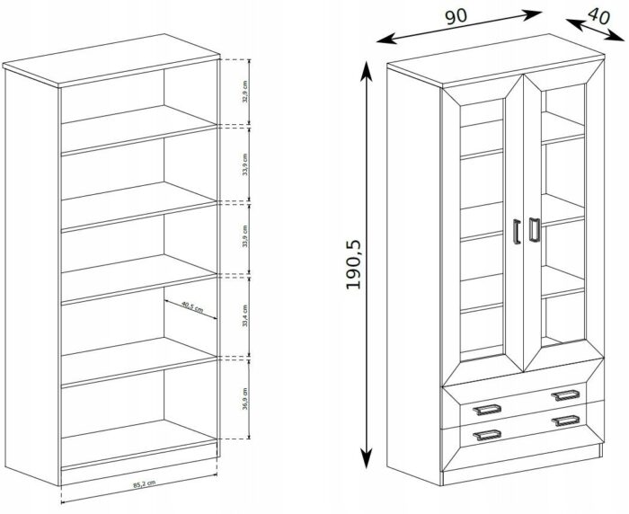 Witryna BRISTOL 90 cm dąb lefkas wysoka półki szuflady zdobione szkło styl klasyczny