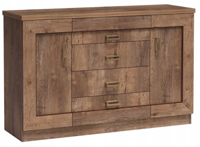 Komoda BRISTOL 140 cm dąb lefkas pojemna półki szuflady pogrubiony blat styl klasyczny