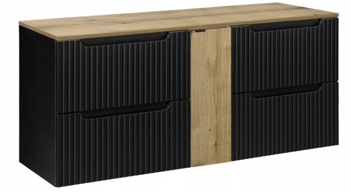 Szafka łazienkowa NOVA czarny 140 cm blat dąb ryflowane fronty wstawka dąb 1 drzwi 4 szuflady