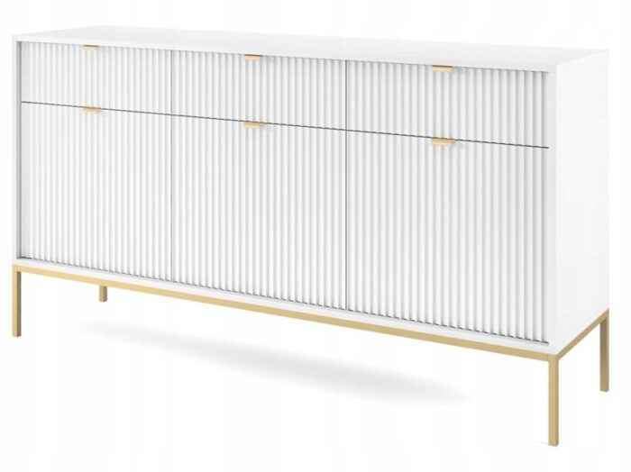 Komoda BELLAZA 154 cm biała, frezowane fronty, metalowe złote nogi