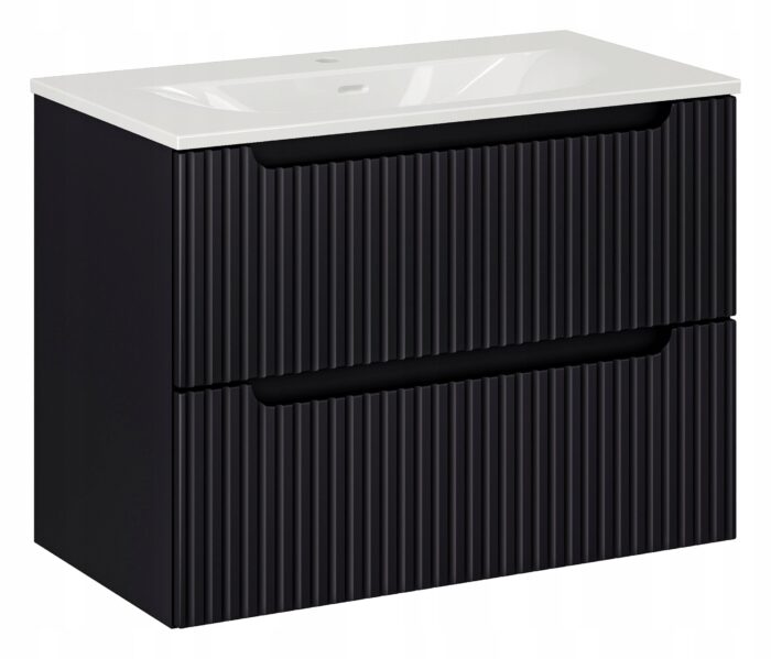NOVA 80 cm czarna szafka łazienkowa z umywalką wpuszczaną szuflady ryflowane fronty
