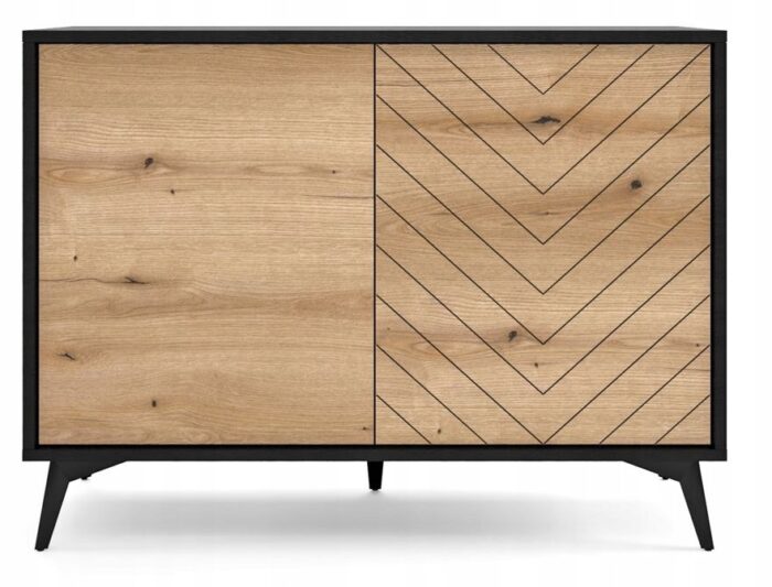 Komoda TANNE 104 cm, czarny mat / dąb evoke, z drzwiczkami, wzór jodełki