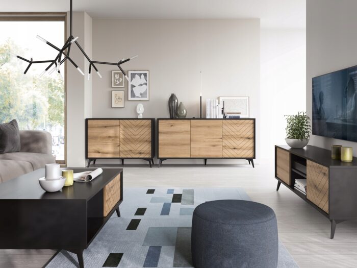 Komoda TANNE 104 cm, czarny mat / dąb evoke, z drzwiczkami, wzór jodełki
