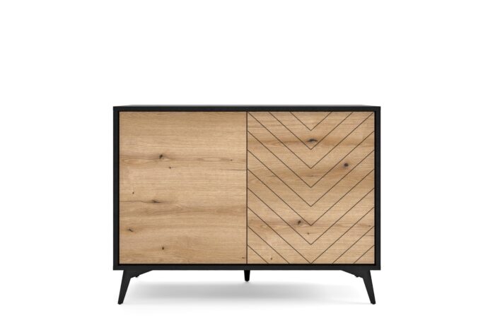 Komoda TANNE 104 cm, czarny mat / dąb evoke, z drzwiczkami, wzór jodełki