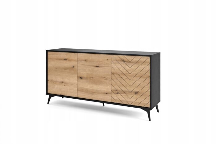 Komoda TANNE 154 cm, czarny mat / dąb evoke, szeroka z drzwiczkami, wzór jodełki
