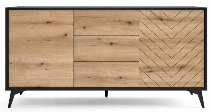 Komoda TANNE 154 cm, czarny mat / dąb evoke, szeroka z szufladami i drzwiczkami, wzór jodełki