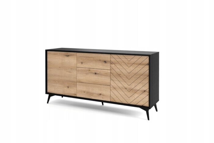 Komoda TANNE 154 cm, czarny mat / dąb evoke, szeroka z szufladami i drzwiczkami, wzór jodełki