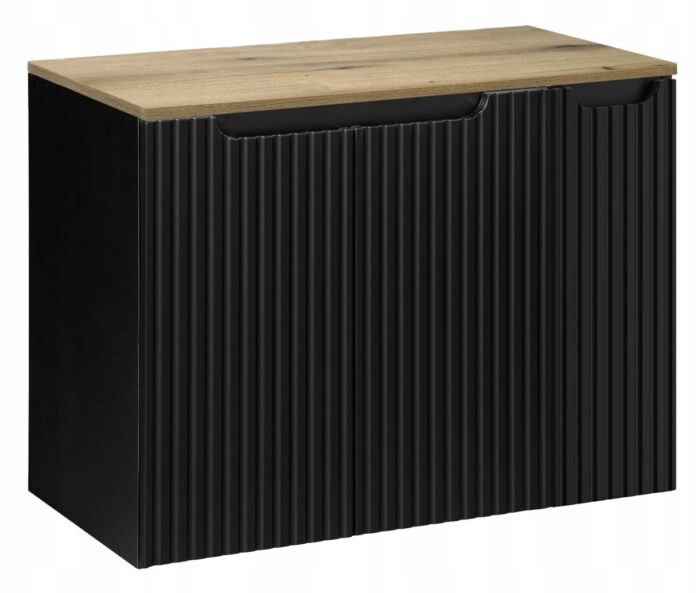 Szafka łazienkowa NOVA czarny 80 cm blat dąb ryflowane fronty 3 drzwi pojemna