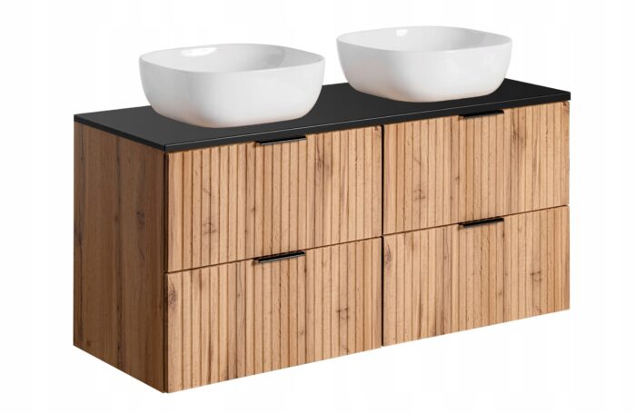 ADEL 120 cm dąb wotan szafka łazienkowa 2 umywalki blat czarny 4 szuflady ryflowane fronty