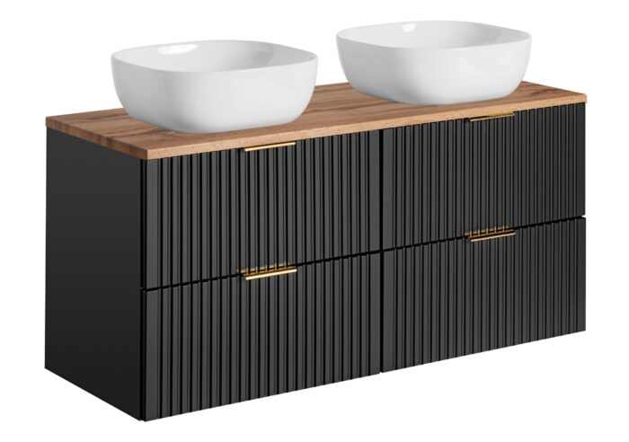 ADEL 120 cm czarna szafka łazienkowa 2 umywalki blat dąb wotan ryflowane fronty 4 szuflady pojemna