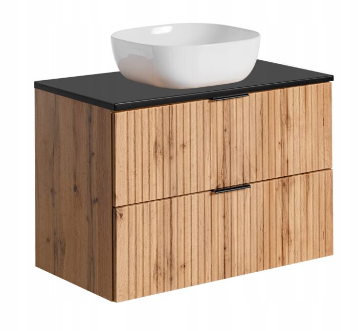 ADEL 80 cm dąb wotan szafka łazienkowa z umywalką blat czarny 2 szuflady ryflowany front