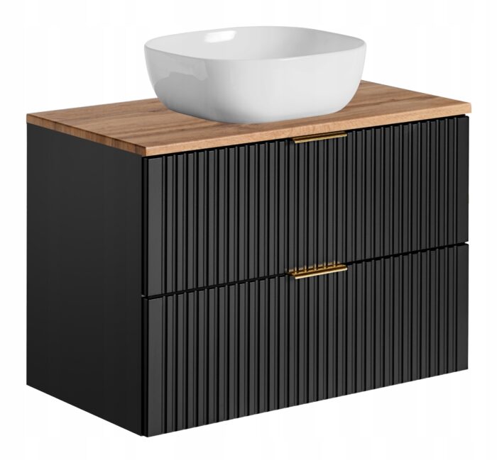 ADEL 80 cm czarna szafka łazienkowa z umywalką blat dąb wotan 2 szuflady ryflowany front