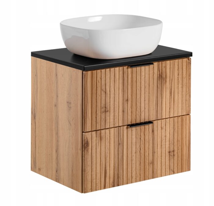ADEL 60 cm dąb wotan szafka łazienkowa z umywalką blat czarny 2 szuflady ryflowany front