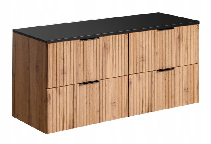 ADEL dąb wotan 120 cm szafka łazienkowa blat czarny ryflowane fronty 4 szuflady szeroka