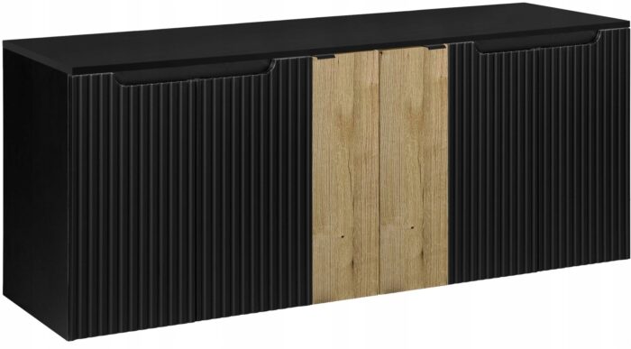 Szafka łazienkowa NOVA czarny 160 cm blat wstawka dąb ryflowane fronty 6 drzwi szeroka