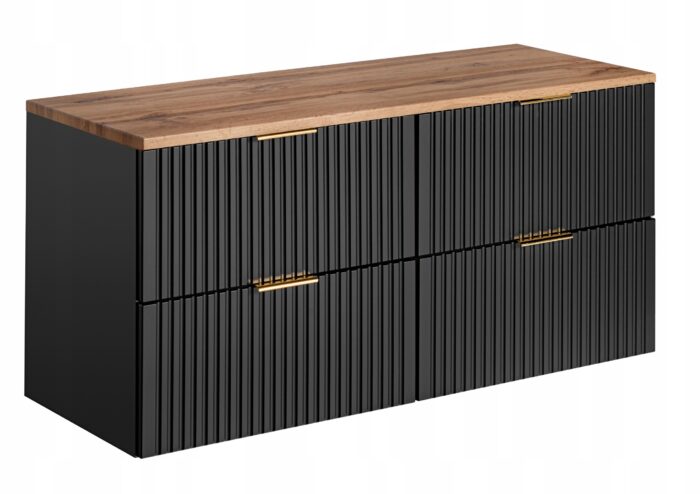 ADEL czarna 120 cm szafka łazienkowa blat dąb wotan ryflowane fronty 4 szuflady pojemna