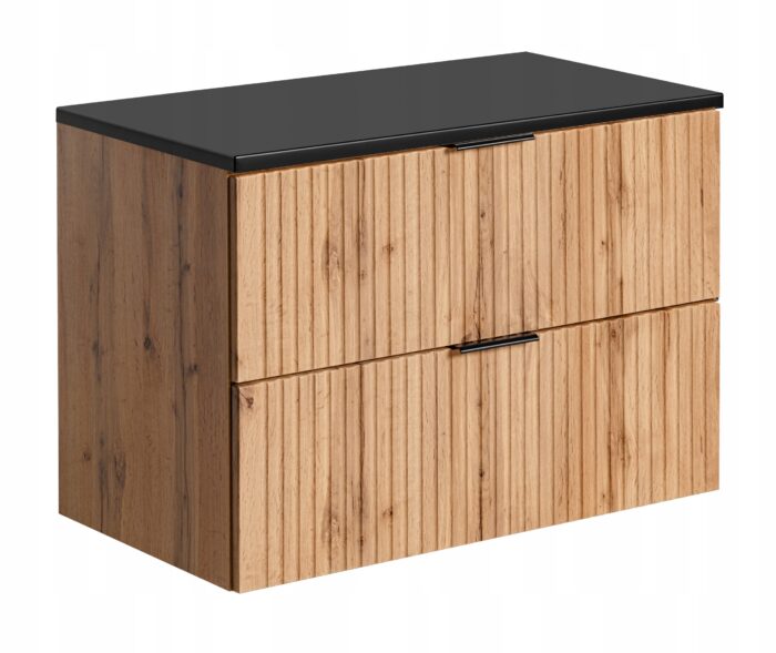 ADEL dąb wotan 80 cm szafka łazienkowa blat czarny 2 szuflady ryflowane fronty