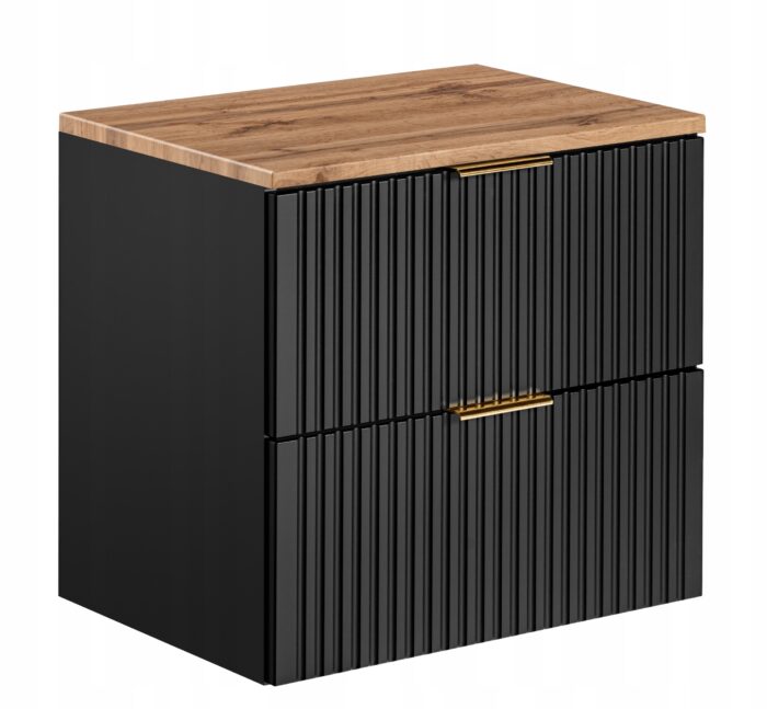 ADEL 60 cm czarna szafka łazienkowa blat dąb wotan 2 szuflady ryflowane fronty