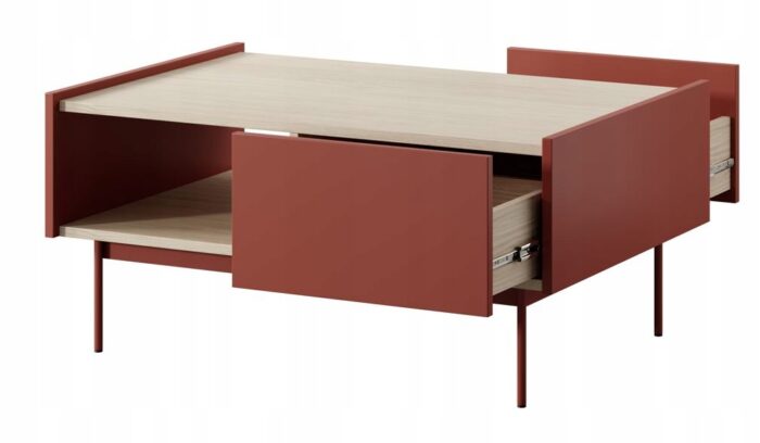 Ława SIMPLE 97 cm czerwony / dąb linea z szufladami i metalowymi nóżkami