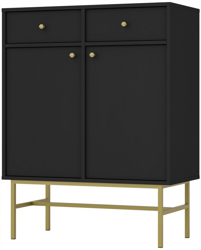 Komoda AVILA 84 cm czarna z drzwiami i szufladami złote metalowe nogi typ stelaż